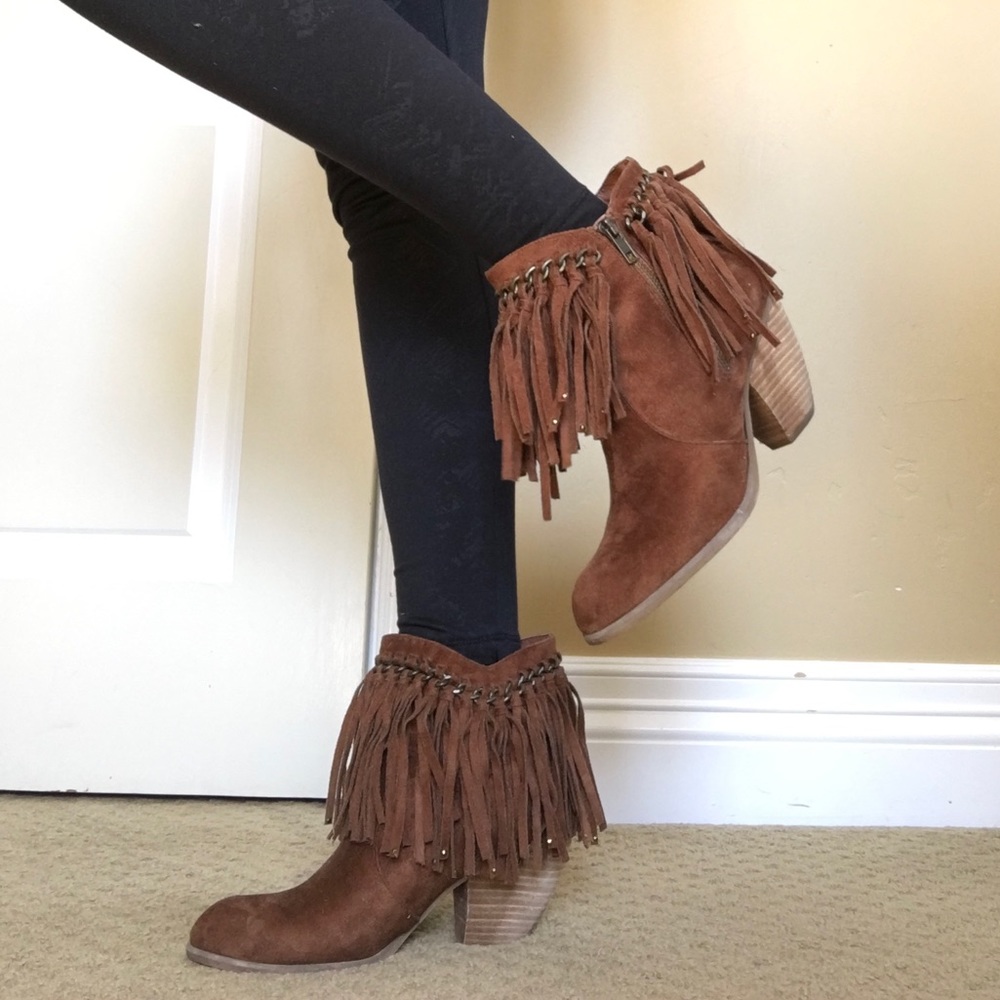 NOT RATED Brown and tan suede, fringe booties